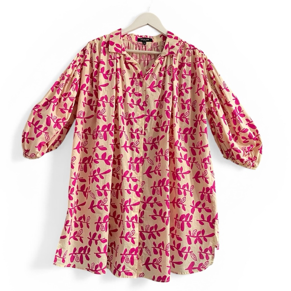 Beulah style oversized botanical leaf print mini shirtdressballoon sleeve OS XL